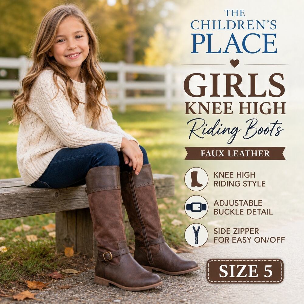 The Childrens Place Girls Brown Knee High Riding Boots Faux Leather Buckle Sz 5